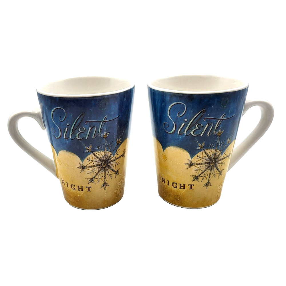 Oneida Seasons Greetings Silent Night Stoneware Mug Blue Gold Set of Two 16oz